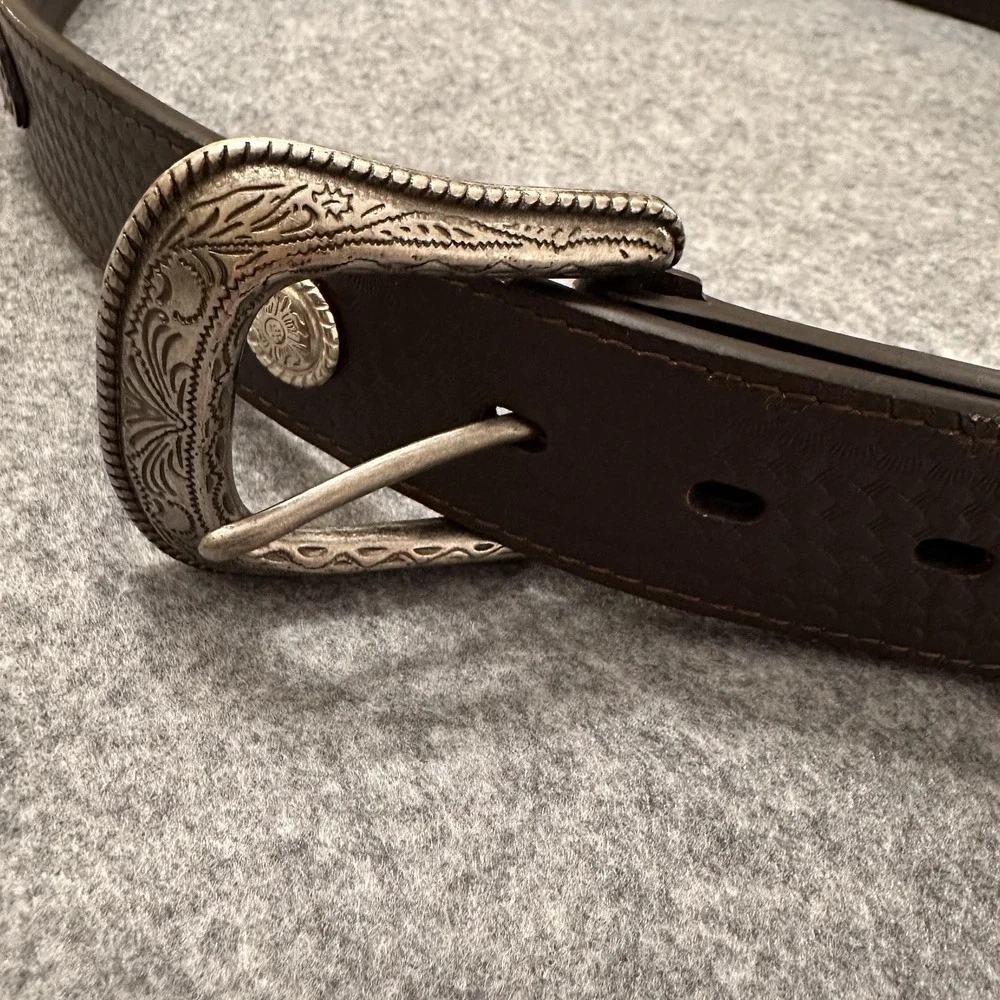 Western Leather Belt Mens 34 Brown Basketweave Southwestern Woven Inlay Buckle